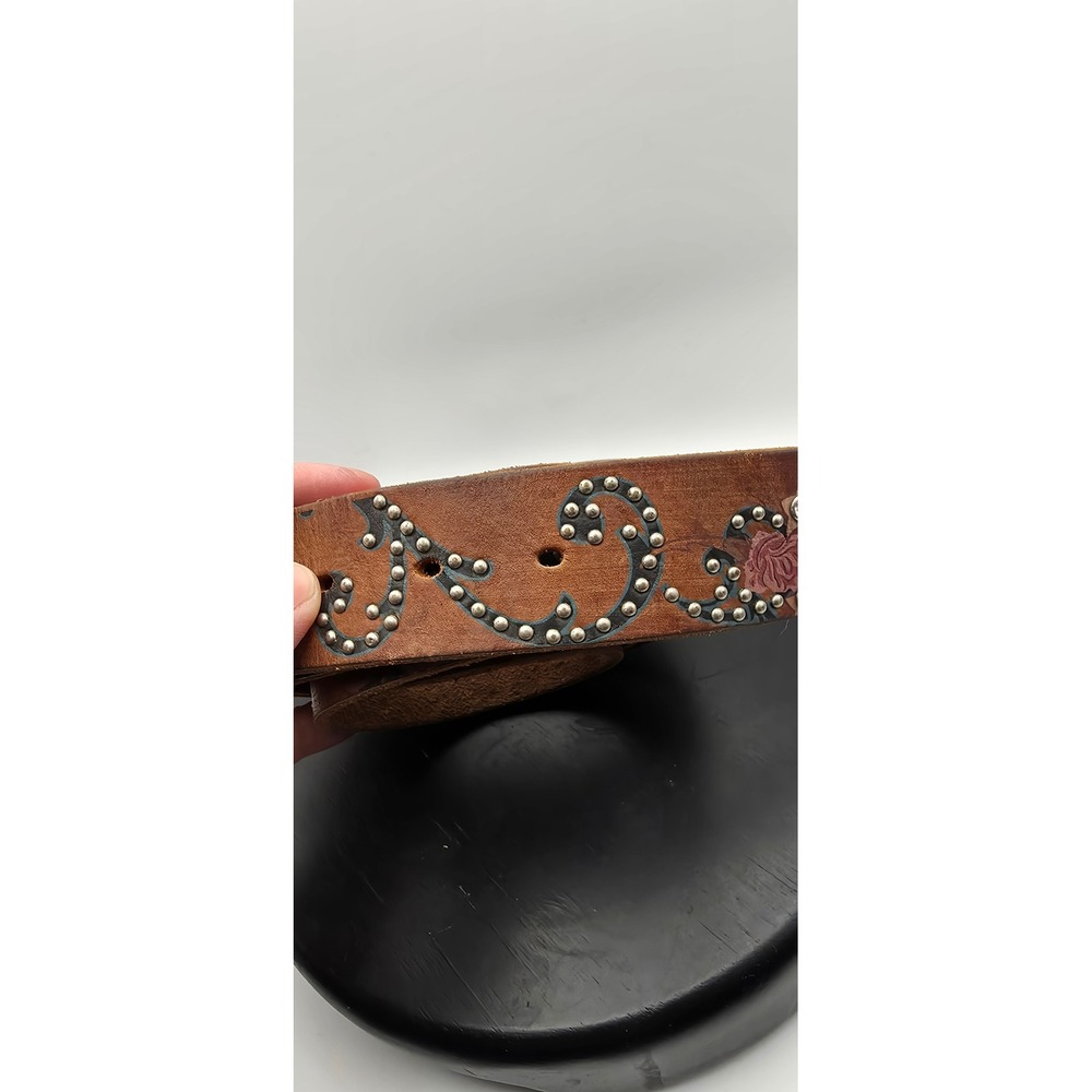 Nocona Brown Leather Western Studded Floral Rhinestone Belt No Buckle Womens